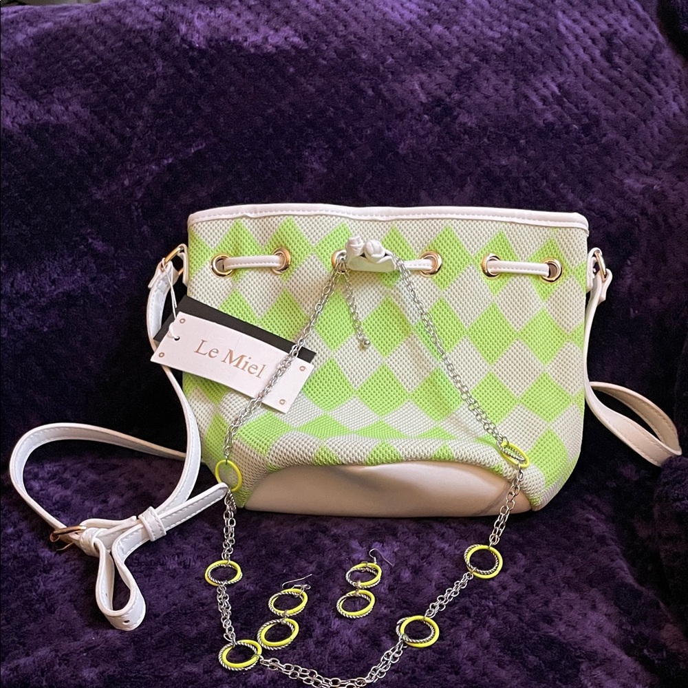 LE MIEL Neon Green & White Bucket Bag NWT